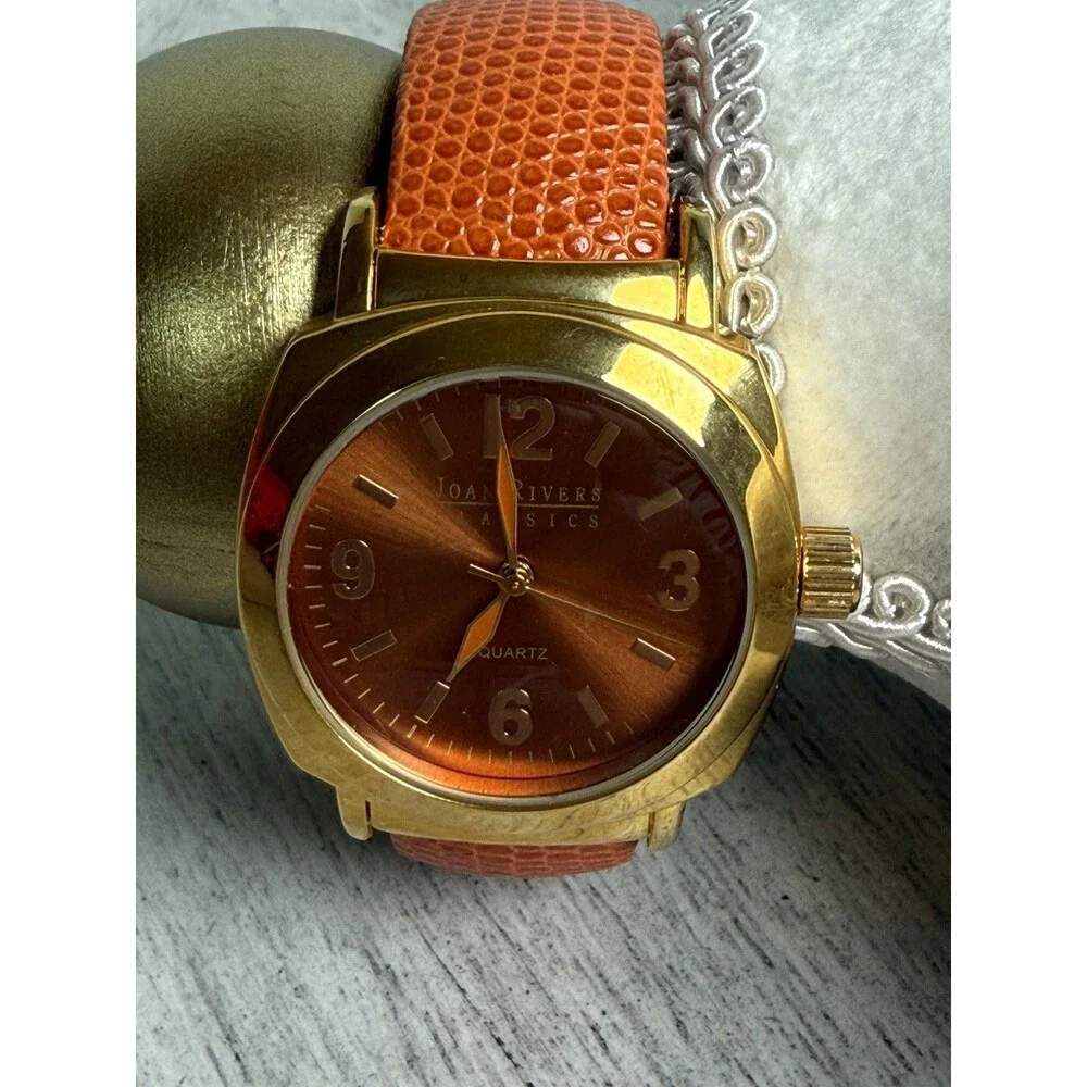 Joan Rivers Orange Gold Toned Wristwatch Adjustable Buckle Band Japan Movement